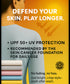Promotional advertisement for UV-protective clothing with text and a person wearing light gray leggings.